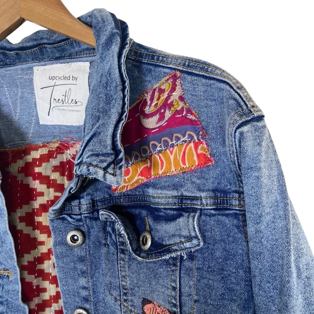 Upcycled Love Patch Denim Jacket Medium Unique NWT - image 3
